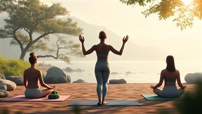 A serene digital landscape with a virtual yoga instructor guiding a group of participants through a relaxing session, surrounded by calming nature elements like trees and flowing water, evoking a sense of tranquility and well-being.
