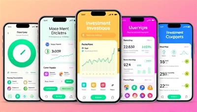 An engaging mobile app interface showcasing different financial goal trackers, investment insights, and budgeting tools, with vibrant color schemes and intuitive user interactions, illustrating the user-friendly and informative features of MoneyMentor's personal finance coaching app.