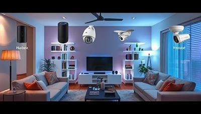 A modern living room setting showcasing various smart home devices in action, such as voice-activated assistants, automated lighting systems, and security cameras, illustrating the convenience and sophistication of SmartSpace Solutions' automation services.