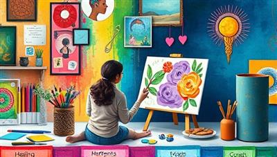 An expressive visual representation of a virtual art therapy session, with an art therapist guiding a client through a creative exercise on a digital canvas, surrounded by vibrant colors, art supplies, and symbolic artwork, conveying healing and self-expression.