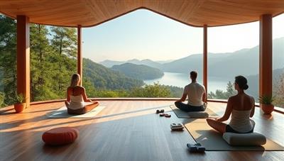 A tranquil virtual wellness retreat setting with serene nature views, yoga mats, meditation cushions, and virtual participants engaging in mindfulness practices and wellness activities, promoting relaxation and balance in a virtual sanctuary of self-care and rejuvenation.