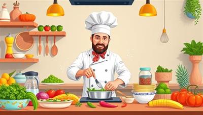 A vibrant and mouth-watering digital illustration of a virtual cooking class in progress, featuring a top chef demonstrating a culinary technique, surrounded by colorful ingredients, kitchen utensils, and aromatic spices, evoking a sense of culinary delight, exploration, and gastronomic adventure, inspiring viewers to embark on a flavorful taste journey.