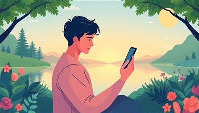 An illustration of a student using the ZenCampus app on a smartphone, surrounded by calming nature scenes, peaceful visuals, and serene animations, creating a tranquil and rejuvenating mindfulness experience for students seeking stress relief and focus enhancement.