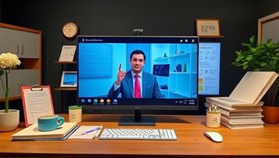An online webinar setup featuring a financial expert delivering a workshop on a virtual platform, surrounded by financial planning resources and interactive tools, illustrating the engaging and informative nature of remote financial planning workshops.