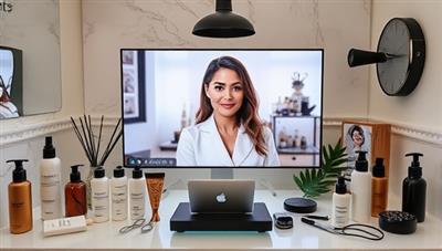 A sleek and inviting virtual hair consultation setup with a professional hair specialist conducting a virtual assessment, surrounded by various haircare products, tools, and a stylish backdrop, exuding expertise and personalized care.