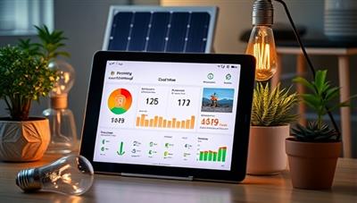 An image of a digital tablet displaying a smart home dashboard with energy consumption metrics, surrounded by eco-friendly light bulbs, solar panels, and plant decor, symbolizing sustainable living and smart energy management.