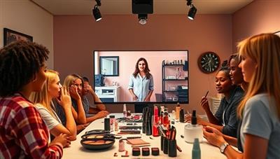 An engaging virtual beauty masterclass setting with a diverse group of participants interacting with an instructor onscreen, surrounded by beauty tools and products, portraying a dynamic and educational beauty learning environment.
