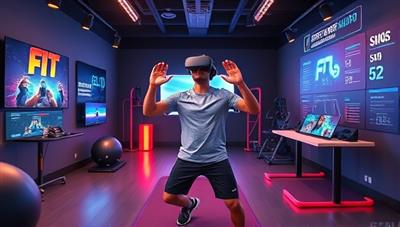 A virtual reality fitness environment featuring a user engaging in a gamified workout challenge, surrounded by interactive fitness equipment, motivational game visuals, and health tracking metrics, showcasing the platform's fusion of gaming and exercise for a dynamic fitness experience.