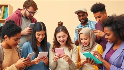 A diverse group of individuals engaging in language learning activities on different devices, showcasing a dynamic and inclusive learning environment empowered by AI technology.