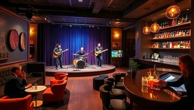 A sophisticated music lounge with a stage set for live performances, cozy seating arrangements, and a stylish bar serving artisanal cocktails, with guests enjoying the music and ambiance, conveying an upscale and inviting music experience.