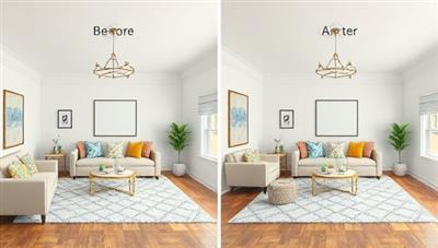 A digital mockup of a room transformation, with before and after images, showcasing the impact of virtual interior design consultations in creating visually appealing and functional spaces, inspiring clients to reimagine their environments.