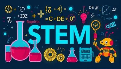 A captivating graphic showcasing various STEM elements like beakers, mathematical equations, coding symbols, and robotics components, illustrating the diverse and engaging learning opportunities available through the platform's STEM tutoring services.