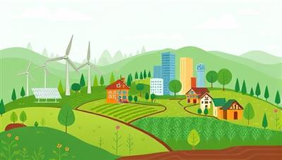 An illustration of a green investment landscape with renewable energy sources, eco-friendly buildings, and sustainable agriculture, symbolizing growth, sustainability, and positive impact through responsible investing.
