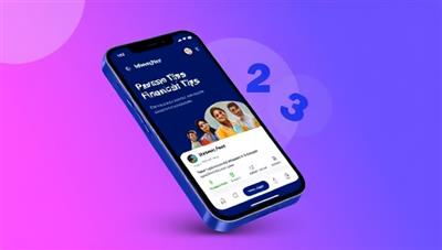 An engaging digital illustration of a smartphone displaying the MoneyMentor AI app interface, with an AI assistant providing personalized financial tips to a diverse group of users, symbolizing convenience and empowerment in financial decision-making.