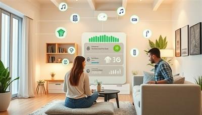 A modern smart home setting with interconnected IoT devices, a central energy management hub displaying real-time energy consumption data and cost savings statistics, and a family engaging with the system to control their home's energy efficiency, illustrating the convenience and eco-friendly features of EcoWise Energy for households.
