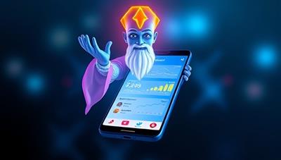 An artistic visualization of a digital genie symbolizing financial wisdom and guidance, emerging from a smartphone screen displaying the FinGenius AI app interface with colorful charts, budget trackers, and investment portfolios, showcasing the innovative and empowering financial tools provided to users.