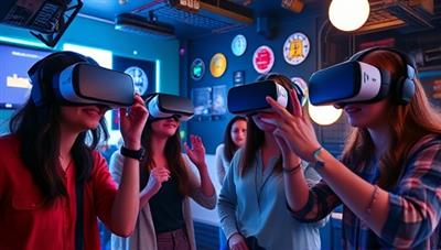A group of friends wearing VR headsets, interacting and solving puzzles in a virtual escape room filled with futuristic elements and mysterious clues, showcasing the immersive gameplay experience.