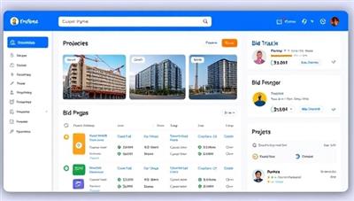 An online dashboard showcasing construction project listings, bid submissions, and contractor profiles, with interactive bid tracking tools and real-time notifications for project updates, reflecting a modern and efficient project bidding platform.