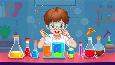 An engaging digital illustration of a child conducting a colorful science experiment at home, surrounded by test tubes, beakers, and scientific tools, with a sense of wonder and discovery in the air, showcasing the excitement of hands-on STEM learning.