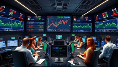 An engaging image of a virtual trading floor with animated avatars of users trading virtual assets, displaying real-time market data and investment performance metrics, creating a dynamic and immersive trading experience within the TradeQuest platform.