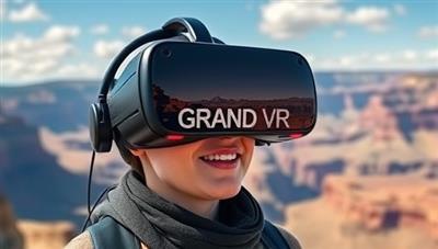 An immersive VR headset displaying a user exploring the Grand Canyon in virtual reality, with a backdrop of stunning landscapes and a sense of wonder and adventure, capturing the essence of virtual travel experiences.