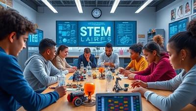A virtual STEM lab environment with interactive experiments, robotics kits, and coding challenges, showcasing a diverse group of students engaged in hands-on STEM activities and collaborative learning experiences, inspiring creativity and curiosity in the digital world of STEM education.