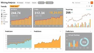 A visualization of a mining dashboard displaying real-time data analytics metrics, trends, and predictions, with interactive charts and graphs illustrating the power of data-driven insights provided by MineInsights Analytics for mining companies.
