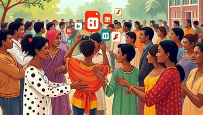 An artistic depiction of diverse individuals exchanging skills in a vibrant community setting, with icons representing various skills floating between participants, showcasing a spirit of collaboration and learning.