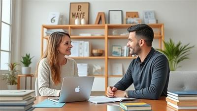 A virtual meeting scene with a financial coach and a client engaging in a productive financial wellness coaching session, surrounded by financial planning tools and resources.