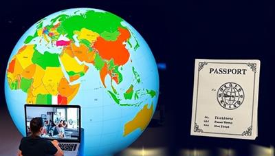 An interactive virtual globe with colorful flags representing different countries, students engaging in online language classes, and a digital passport stamping feature symbolizing virtual travel and cultural exchange opportunities.