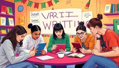 An artistic depiction of a virtual creative writing workshop for teens, featuring a group of diverse teenagers writing on tablets and sharing ideas in a colorful, imaginative setting that sparks creativity and collaboration.