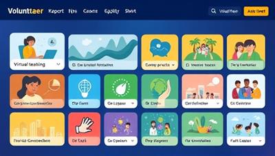 An online platform interface showing a diverse array of volunteer opportunities, from virtual teaching to environmental conservation projects, with vibrant icons representing different causes, fostering a sense of community and global impact.
