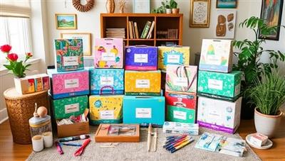 An assortment of colorful craft kits displayed in a cozy home setting, surrounded by crafting tools, art supplies, and finished DIY projects, evoking a sense of creativity and joy associated with the subscription-based craft kits offered by the business.
