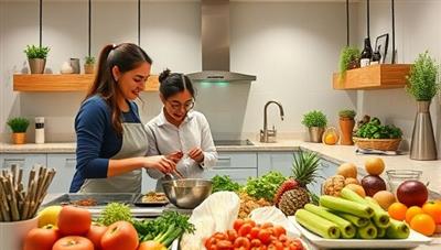 An immersive virtual kitchen setting with a nutritionist guiding a user through meal preparation, showcasing fresh ingredients, cooking utensils, and a healthy meal spread, promoting the interactive and educational aspect of the online nutrition and meal planning service.