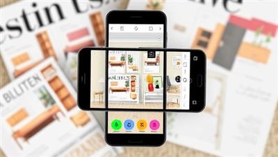 A smartphone screen displaying the ARtistic Home app interface with virtual furniture overlays, decor elements, and color swatches superimposed on a real room setting, showcasing the app's AR capabilities and design visualization features, surrounded by stylish home decor magazines and design sketches for inspiration.