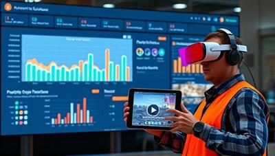 A digital dashboard displaying real-time project progress, schedules, and communication channels, with virtual reality headsets and tablets symbolizing the remote project management capabilities of VirtualSite Solutions, offering a seamless and efficient way to oversee construction projects from anywhere.