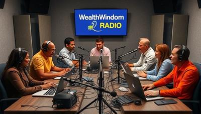 An artistic depiction of a diverse group of podcast hosts recording episodes in a professional studio setup, surrounded by microphones, soundproof panels, and laptops, capturing the dynamic and engaging atmosphere of the WealthWisdom Radio network.