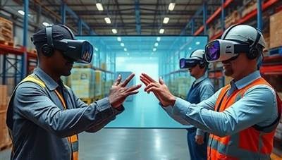 An engaging VR simulation image showing warehouse employees wearing VR headsets and interacting with virtual safety scenarios, emphasizing the hands-on and immersive nature of the virtual warehouse safety training platform.