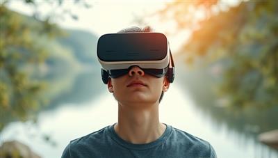 An individual wearing a VR headset in a tranquil virtual environment surrounded by nature, with soothing visuals and ambient sounds, capturing the essence of relaxation and mindfulness through technology.
