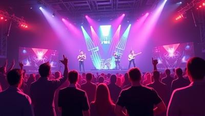An illustration of a virtual concert setting with a stage, audience avatars interacting, and vibrant visual effects, capturing the essence of a dynamic and immersive online music event.
