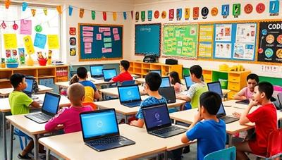 A colorful classroom setting with children engaged in coding activities on laptops, surrounded by playful coding-themed decorations and educational posters, creating a vibrant and inspiring learning space.