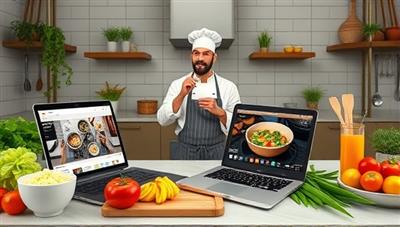 A digital kitchen setting with a chef conducting a virtual cooking class, surrounded by fresh ingredients, cooking utensils, and a laptop displaying the cooking process, inviting viewers to join in the culinary experience from their homes.