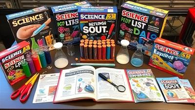 An array of colorful science experiment kits displayed on a table, showcasing test tubes, beakers, magnifying glasses, and lab equipment, along with a guidebook featuring exciting experiments, sparking curiosity and scientific exploration in a fun and interactive way.