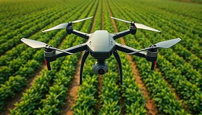 An aerial view captured by a drone showing lush green farmland with rows of crops, highlighting the precision and detailed monitoring capabilities of agricultural drones in optimizing crop health and yield.