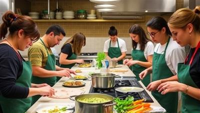 A vibrant kitchen setting with participants engaging in a hands-on cooking class, chopping fresh ingredients, stirring pots on the stove, and sampling delicious dishes, exuding the lively and interactive atmosphere of TasteCraft Studio's Culinary Workshop Experiences.