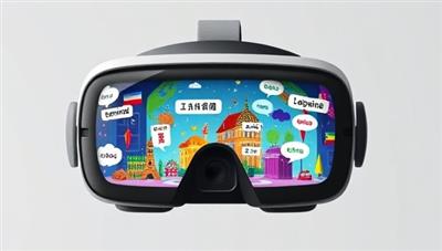 A virtual reality headset displaying an immersive language learning environment with vibrant cultural elements and interactive language exercises, showcasing the platform's engaging and futuristic approach to language acquisition.