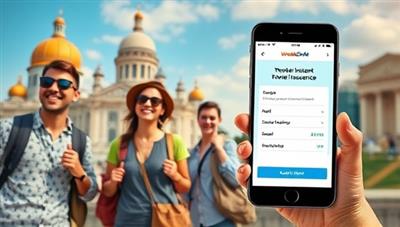 An eye-catching visual of a group of young travelers exploring a vibrant destination, with the WanderSafe app interface superimposed on their smartphones, highlighting the convenience and accessibility of instant travel insurance for millennials on the go.