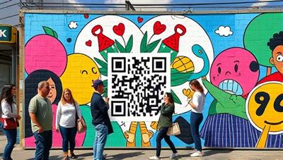 An image of a vibrant and interactive street mural featuring a QR code that leads to a business website when scanned, with people stopping to engage with the artwork and share it on social media, creating a buzz around the business.