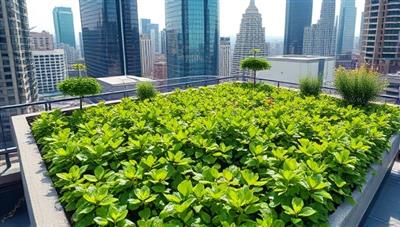An urban rooftop garden filled with lush green plants growing vertically, surrounded by city skyscrapers in the background, illustrating the harmony of nature and technology in an urban setting.