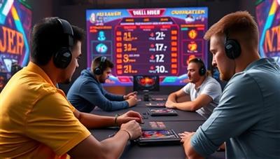 An engaging image of players engaged in a competitive online gaming match, showcasing the intensity and focus of skill-based gambling tournaments, with a leaderboard and prizes displayed in the background, capturing the competitive spirit of the platform.